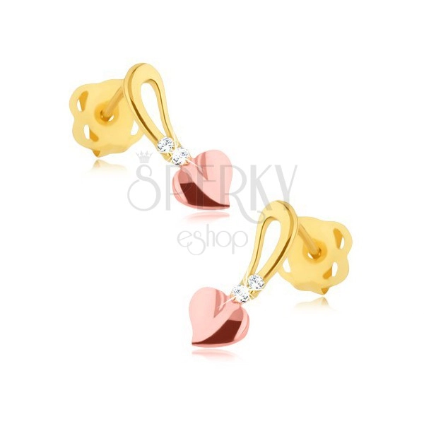 Brilliant earrings - 14K yellow and pink gold, heart on stem, diamonds