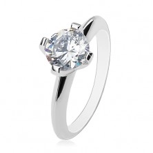 Engagement ring - 925 silver, big clear zircon, shiny bevelled shoulders