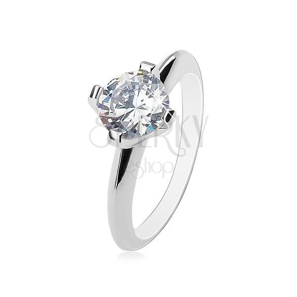 Engagement ring - 925 silver, big clear zircon, shiny bevelled shoulders