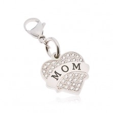 Keychain, 316L steel in silver colour, heart with inscription MOM and zircons