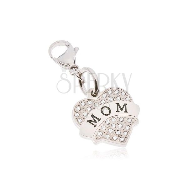 Keychain, 316L steel in silver colour, heart with inscription MOM and zircons