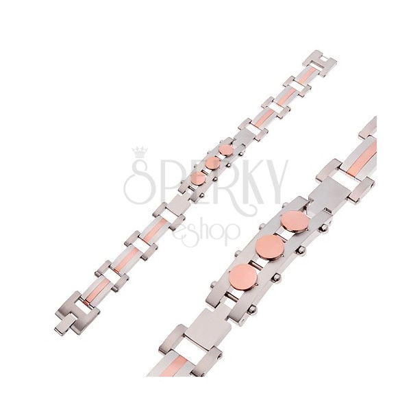 Bracelet made of surgical steel, tag with circles, silver and copper colour