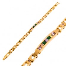 Steel bracelet in gold hue, narrow plate and coloured zircons
