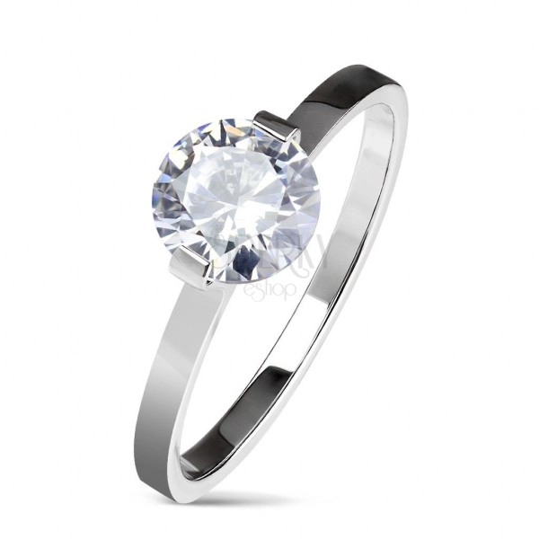 Steel engagement ring in silver colour, round clear zircon, shiny shoulders