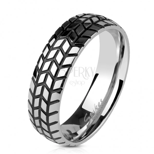 Steel ring in silver colour, structured tire tread pattern, 6 mm