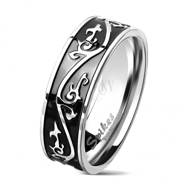 Surgical steel ring in silver colour, black strip decorated with ornament, 7 mm