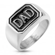 316L steel ring in silver colour, black rectangle with inscription DAD