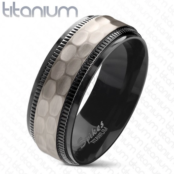 Titanium ring, black notched borders, cut matt middle strip, 8 mm