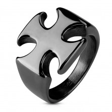 Massive black ring made of 316L steel, smooth shiny Maltese cross
