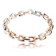 Steel bracelet, shiny angular links in copper and silver colour, 9 mm