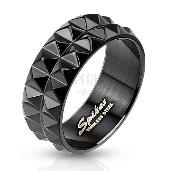 Ring made of black surgical steel with cut surface, 8 mm