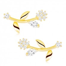 Earrings in yellow 9K gold - flower with bent flower-stalk, clear zircons