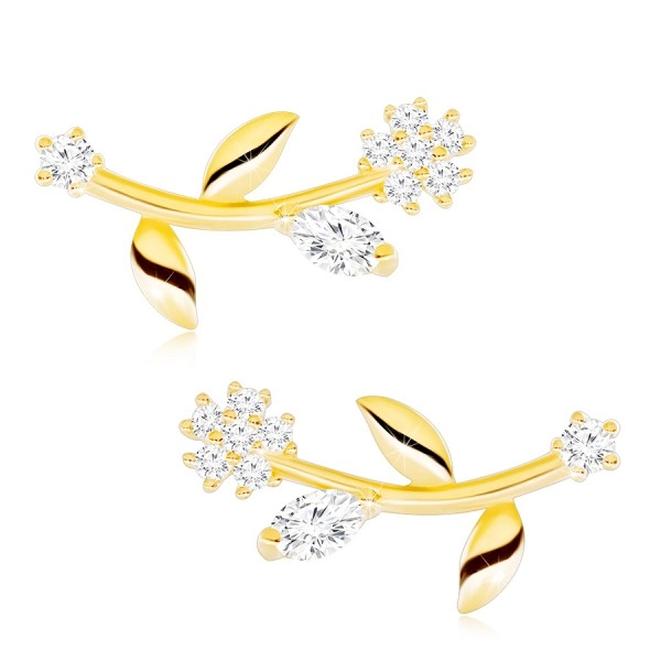 Earrings in yellow 9K gold - flower with bent flower-stalk, clear zircons