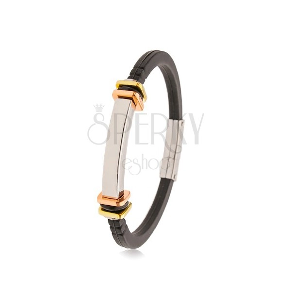 Bracelet made of black rubber, smooth steel tag, squares in gold and copper colour