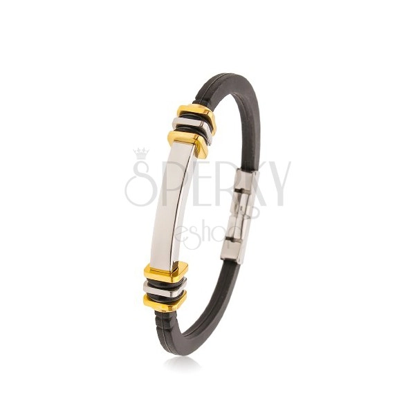 Rubber bracelet in black colour, steel tag, squares in gold and silver colour