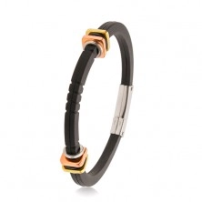 Black rubber bracelet, decorative notches, squares in gold and copper colour