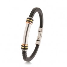 Rubber bracelet black, steel roll, tricoloured circles, rubber circles