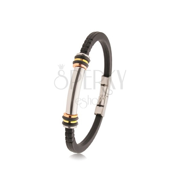 Rubber bracelet black, steel roll, tricoloured circles, rubber circles