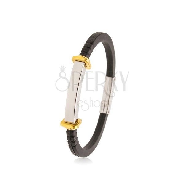 Bracelet made of black rubber, smooth steel tag, squares and circles in gold colour