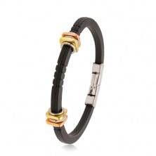 Rubber bracelet in black colour, decorative notches, squares in copper and gold colour
