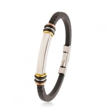 Rubber bracelet black, steel prism, tricoloured circles, rubber circles