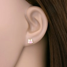 14K gold earrings - glazed wise owl, white and pink colour