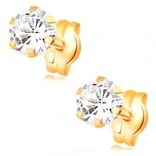 Earrings made of yellow 14K gold - round clear zircon, studs, 5 mm