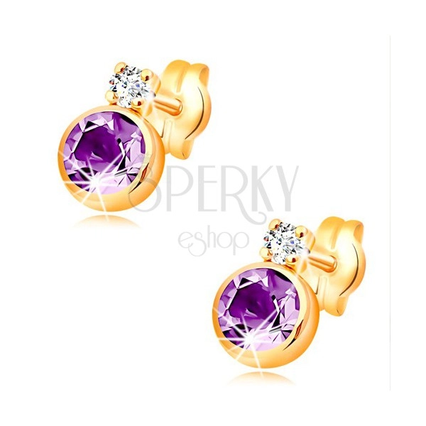 14K gold stud earrings with violet amethyst and clear zircon