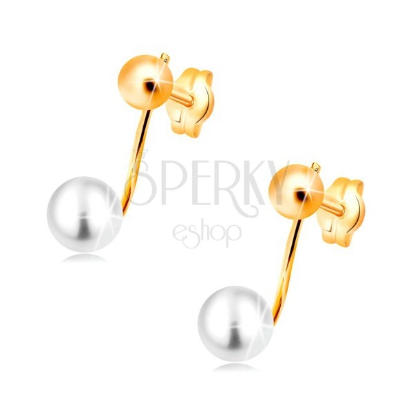 Earrings made of yellow 14K gold - shiny ball and white pearl on stick