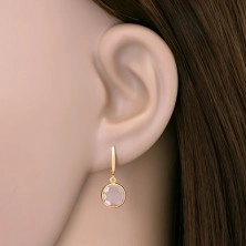14K gold earrings - clear round crystal dangling on narrow arc