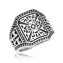 Massive ring in silver colour, 316L steel, Maltese cross, decorated shoulders
