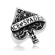 Massive ring made of 316L steel, patinated ace of spades symbol, inscription