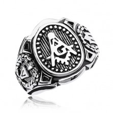 Surgical steel ring, big oval and symbols of freemasons