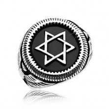 Massive ring in silver colour, 316L steel, Star of David in black circle