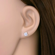 Earrings made of white 14K gold - round clear zircon in angular mount