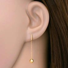 Earrings made of yellow 585 gold - shiny ball dangling on chain, studs