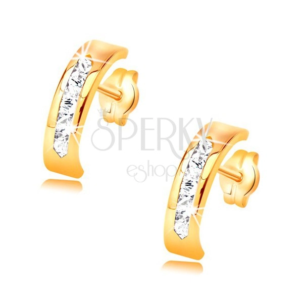 Earrings made of yellow 14K gold - arc decorated with clear zircon line