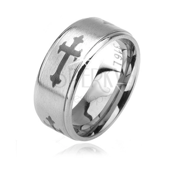 Matt ring made of 316L steel, Fleur de lis cross, shiny lowered borders, 6 mm