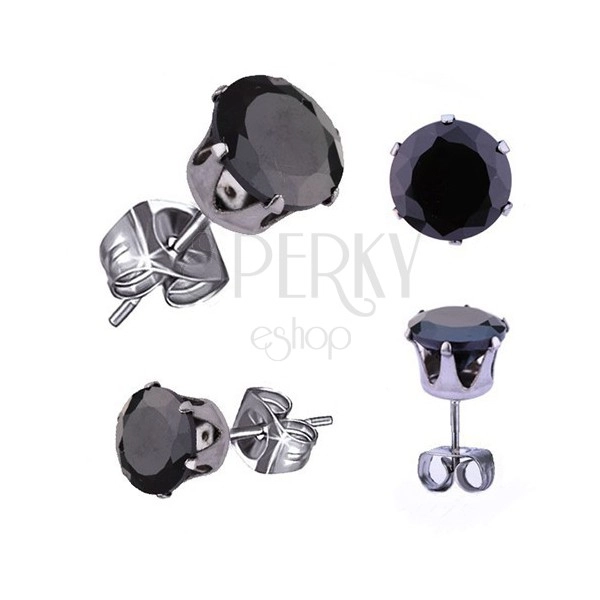 Earrings made of 316L steel, silver colour, round black zircon, 3 mm