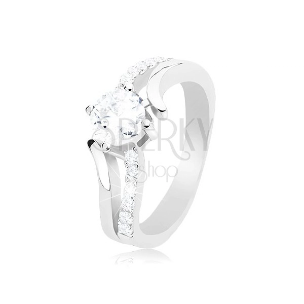 925 silver ring, divided wavy shoulders, round clear zircon