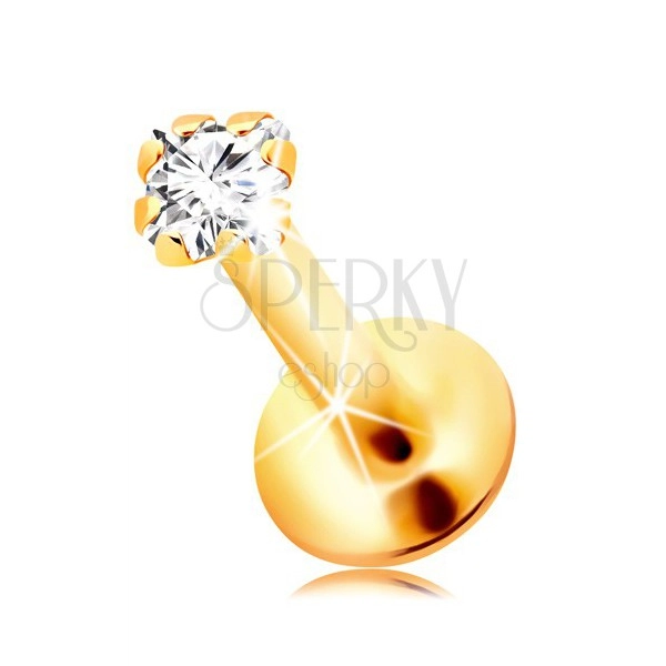 Chin and lip piercing made of yellow 14K gold, clear square zircon