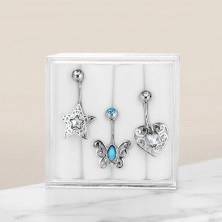Set of bellybutton piercing made of surgical steel, butterfly, heart and star