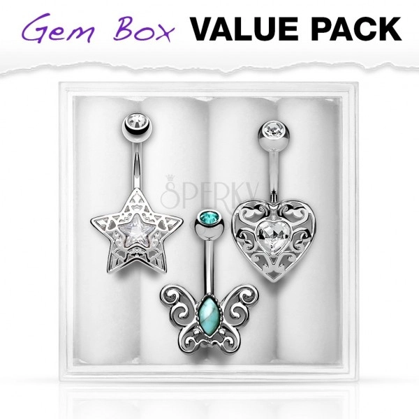 Set of bellybutton piercing made of surgical steel, butterfly, heart and star