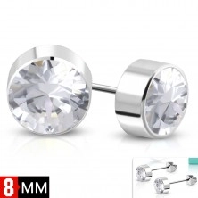 Earrings made of 316L steel, silver colour, round clear zircon, 8 mm