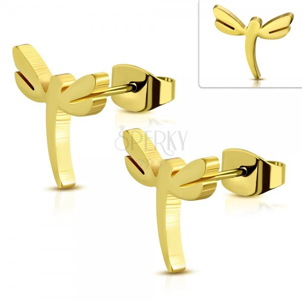 Stud steel earrings in gold hue, shiny dragonfly