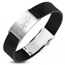 Steel-rubber bracelet, black strap with tag in silver colour, lizard
