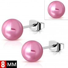 Steel earrings in silver colour with pearly pink ball, 8 mm