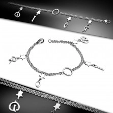 Surgical steel bracelet in silver colour, double chain, stars with letters 