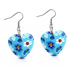 Earrings dangling on Afrohooks, blue FIMO hearts with flowers and zircons