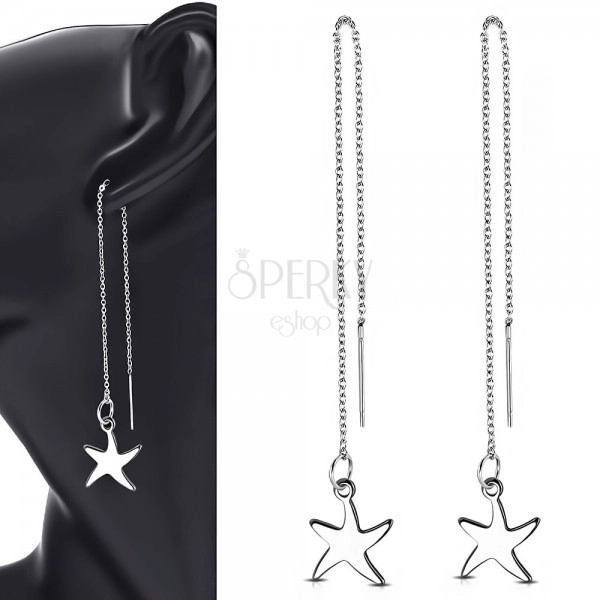 Surgical steel silver earrings, a thin chain with a star fish
